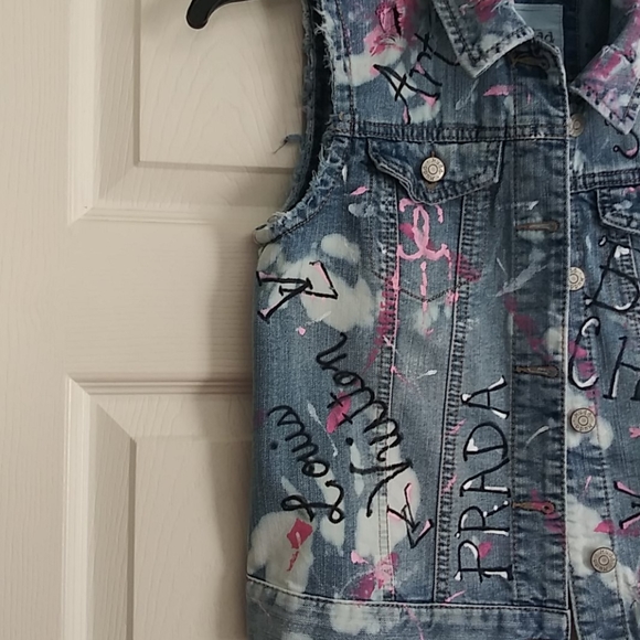Hand Painted Word Art Denim Vest - Picture 2 of 5